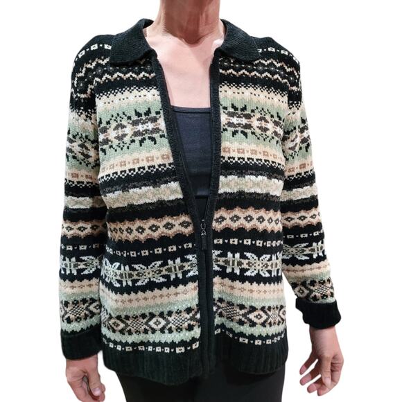 VTG Carolyn Taylor Chenille Fair Isle Sweater Sz S 90s Y2K Zip Front Korea - Picture 9 of 10